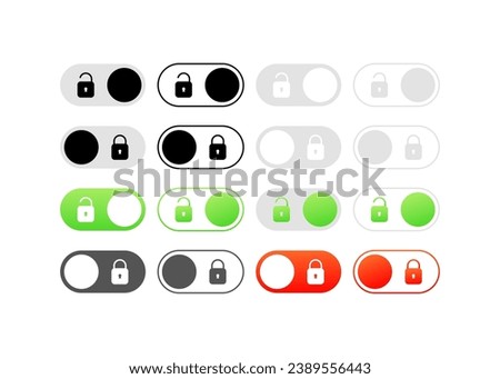 Slider icons with lock for key. Different styles, access button, turn access off, button with key lock. Vector icons