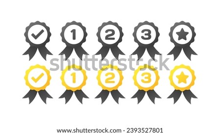 Medal icons. Different styles, medals with check mark, number 1, 2, 3. Vector icons
