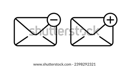 Envelope icons. Outline, approved and rejected envelope, minus and plus on the envelope. Vector icons