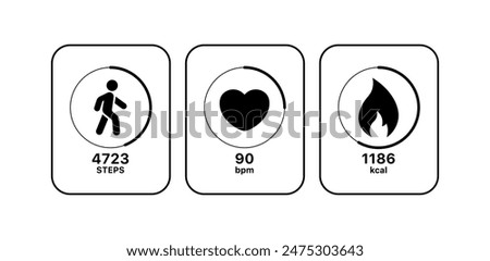 Fitness Bracelet Set Icons. Steps, heartbeat and kilocalories icons. Linear and Silhouette Styles. Vector icons.