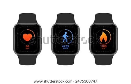 Fitness Bracelet Set Icons. Steps, heartbeat and kilocalories icons. Linear and Silhouette Styles. Vector icons.