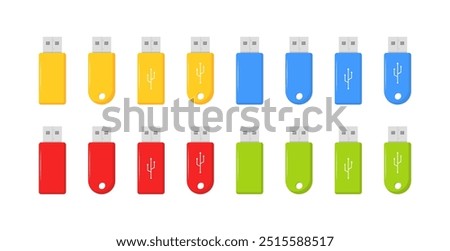 USB flash drive set icons. Flat style. Vector icons.