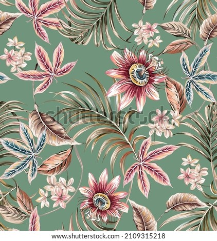 Tropical beautful seamless pattern illustration. Passiflora floral elements with exotic leafs, plants and branches. Palm leaves on green vintage color background Photo stock © 