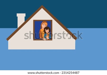 A woman with a child and a cat in the window of a flooded house. Flood after the explosion of the Kakhovskaya hydroelectric power station