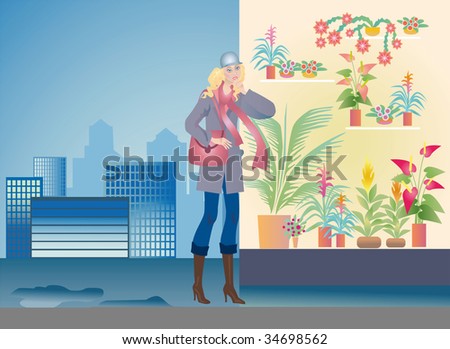 A girl-buyer chooses a floral flowerpot near a window