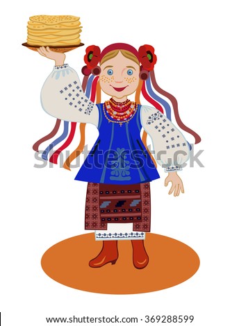The girl in the Ukrainian national costume (Kyiv region) is holding a plate of pancakes. Congratulations to the Pancake week