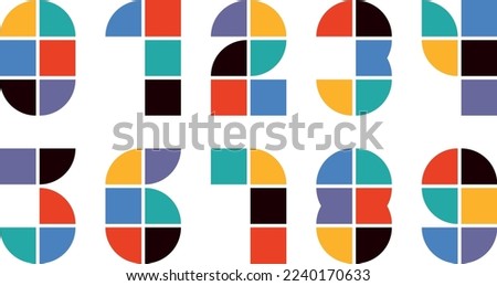 A set of colourful geometric numbers. 0, 1, 2, 3, 4, 5, 6, 7, 8, 9. Retro and Bauhaus style numbers. Modern and large typography