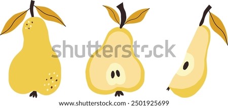 Autumn pears set. Sliced yellow pear fruits.