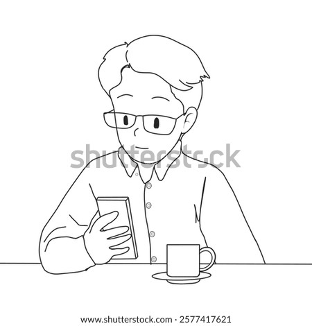 illustration of a man looking at his cell phone while drinking a cup of coffee