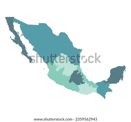 Map of Mexico with administrative regions in blue. Mexican map regions.