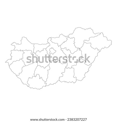 Hungary map. Map of Hungary in administrative regions in white color