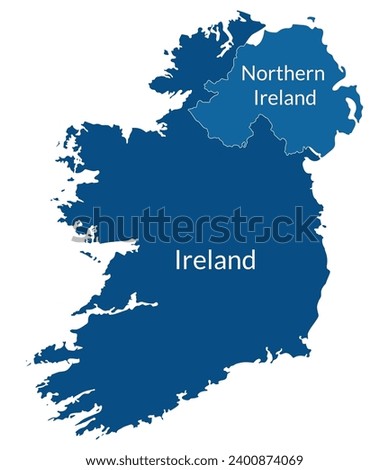 Ireland and Northern Ireland map. Map of Ireland Island Map in blue color