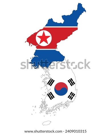 North Korea and South Korea map with national flag. Map of Korea. 