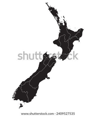 New Zealand map. Map of New Zealand in administrative provinces in black color