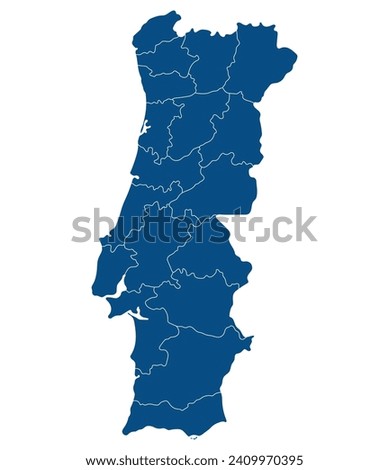 Portugal map. Map of Portugal in administrative provinces in blue color