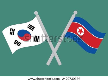 South Korea vs North Korea. Flags of South Korea and North Korea on flagpole