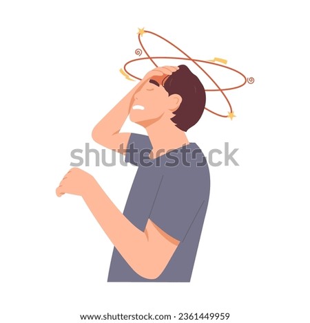 Man has a migraine attack. Symbol of dizziness, headache, brain pain. Adult feel dizzy from stress. Modern trendy style. Hand drawn vector character illustration. Isolated on white background.