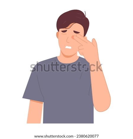 Man with itchy eyes feel irritated. Caused by allergies or conjunctivitis. Flat vector character illustration 