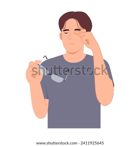 Man experiences eye strain from wearing glasses and feels tired. He has eye problems, inflammation, blurred vision, symptoms of eye disease. Flat design