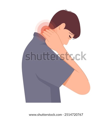 Man with neck pain getting massage. Human suffering from stiff neck. Vector illustration isolated on white background.