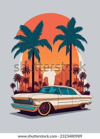 Artwork of t-shirt retro car in heat,graphic design,car , street , colorful shades,without background vector