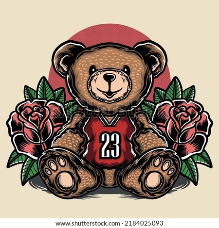 teddy bear wearing chicago bulls jersey and roses background illustration