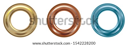 Grommets set isolated, Solid Brass Eyelets, Multicolored eyelets. Metal, brass, steel, gold, silver eyelets. Vector image.