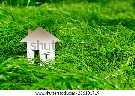 The layout of the paper miniature house in the park on the green, lush grass