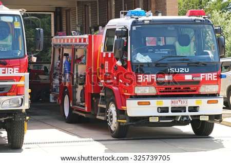 MARYBOROUGH, VICTORIA, AUSTRALIA - October 4, 2015: Maryborough Country Fire Authority (CFA) station with vehicles ready for action on a Total  Fire Ban day