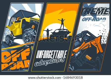 Poster of three banners with UTV off-road vehicles. Vector graphics.