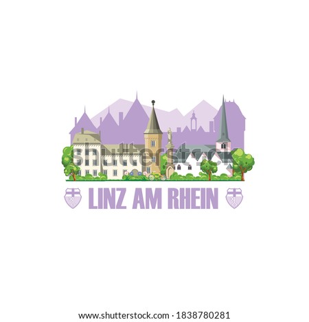 Linz am Rhein city skyline with monuments cityscape, architecture and city coat of arms.
