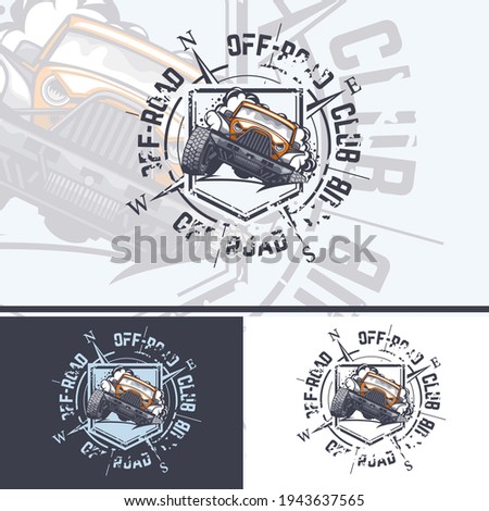 Off Road car logo with a compass on the background for printing on t-shirts.