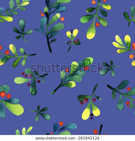 Branches pattern - seamless, watercolor, branches and berries on a blue background