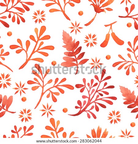 Red leaves watercolor pattern. Seamless autumn pattern on a white background