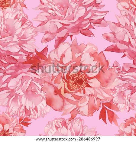 Watercolor seamless pattern of pink peonies on a pink background