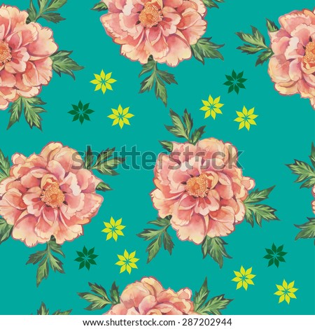 Watercolor peony pattern. Seamless floral pattern of Chinese-style on a turquoise background.