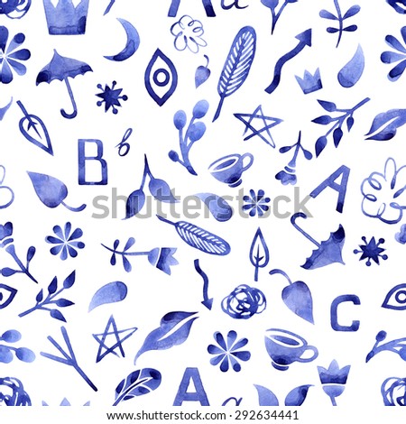 Blue watercolor things pattern. Children seamless pattern of simple watercolor objects.