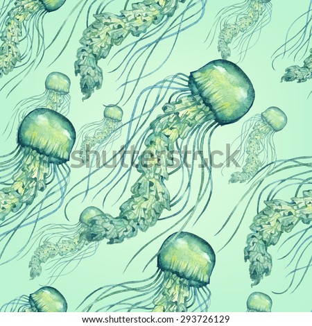 Watercolor green jellyfish pattern. Marine seamless pattern with jellyfish.