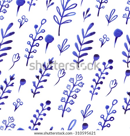 Seamless blue ink floral pattern. Simple blue floral pattern on a white background. Ultramarine sprigs on a simple background.