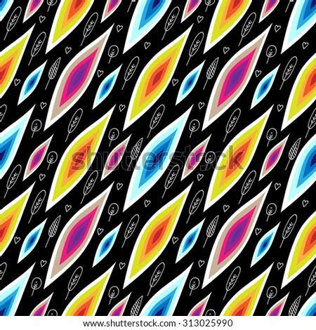 Colored feathers abstract pattern. A simple pattern of colorful feathers. Seamless textile pattern with colorful elements and doodles.