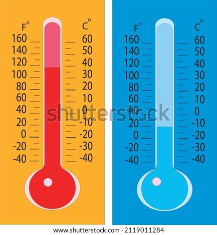 Thermometer. Cold and hot. Celsius and Fahrenheit scale. Temperature measurement. Hot and cold. Vector image