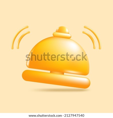 Golden hotel bell icon in neumorphic style for UI UX Design. Service bell icon in cartoon 3d style, vector illustration plastic volumetric reception bell.