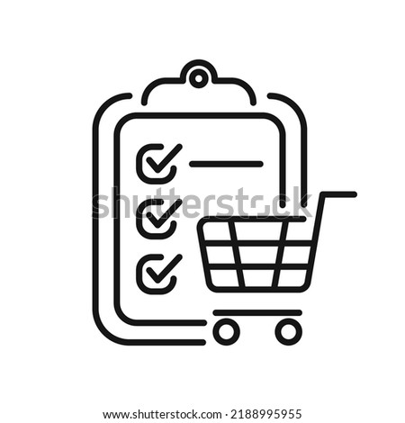 Grocery list and shopping cart line symbol, vector editable stroke icon for user interface. Shopping with list and grocery cart, checklist and shopping basket.