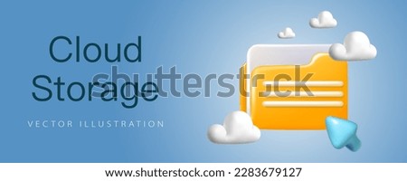 Cloud storage, Cloud folder banner in realistic 3d volumetric plastic style, isolated on background. Cloud upload or online file unloading.