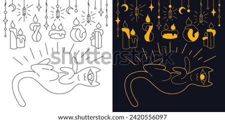 Mystical cute cat with candles. Two-color and black and white outline vector illustration.