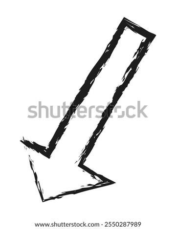 Charcoal contour thick arrow left down. Hand drawn arrow.
