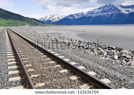 Railroad tracks running through Alaskan landscape
