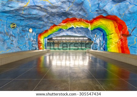 STOCKHOLM, SWEDEN - JUNE 10, 2014: Stadion metro station is full of sculptures and signs designed in the rainbow colors of the Olympic rings on June 10, 2014 in Stockholm, Sweden.