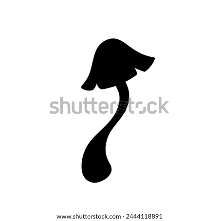 Vector isolated one single simple mushroom toadstool with a crooked curved leg colorless black and white outline silhouette shdow shape	