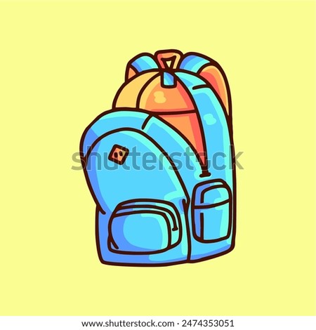 Clipart of a blue backpack with multiple compartments, perfect for school, travel, or outdoor activities. Ideal for adding a fun and practical element to your designs.